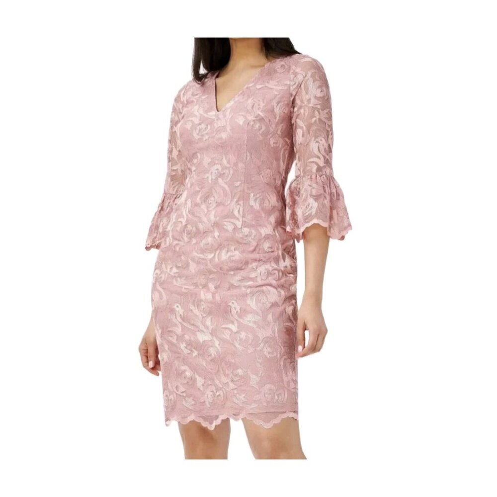 Adrianna Papell Women's Dress Size 6 V-Neck Bell Sleeves Embroidered Pink (63)